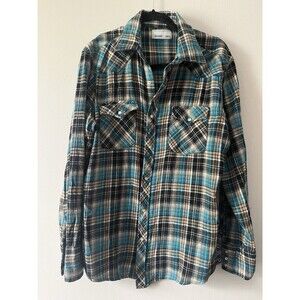 Vtg Flannel Wrangler Wrancher Pearl Snap Western Shirt Teal Plaid Cowboy 21" P2P